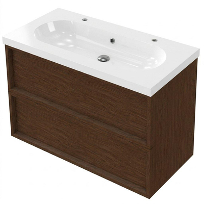 Saniclass Holz Frame Ensemble meuble de salle de bains - 100x45x63.5cm - lavabo en céramique Palermo blanc - 1 vasque - 2 trous de robinet - 2 tiroirs - noyer pure mat (bois)