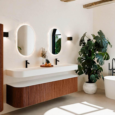 MONDIAZ THOR 190cm meuble de salle de bains arrondi gauche + droite couleur Ruby avec 2 tiroirs et 2 portes. Vasque suspendue CLOUD Double 2 trous de robinet couleur Talc.