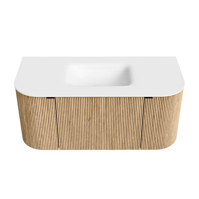 MONDIAZ KURVE Meuble de salle de bains 100 cm avec module 25 Len R couleur Chêne avec 1 tiroir et 2 portes. Lavabo GRUNNE central sans trou de robinet Talc.