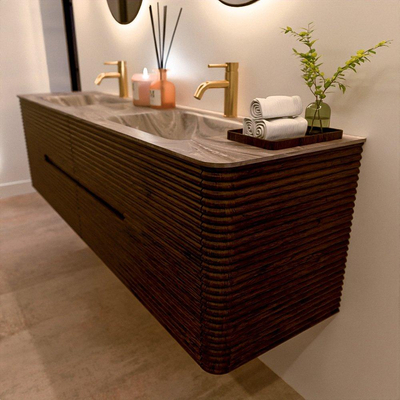 Mondiaz CIRO-DLUX Badkamermeubelset - 180x45x50cm - Solid surface wastafel Sombra - 2 wasbak Dubbel - 2 kraangaten - 4 lades - Walnut