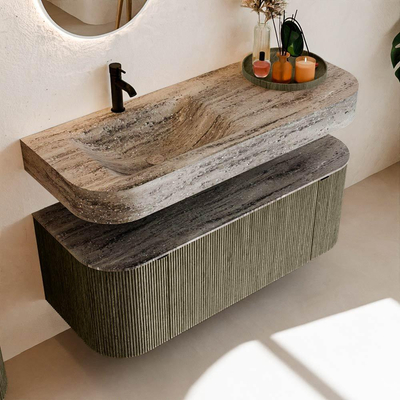 MONDIAZ THOR-DLUX 120cm meuble de salle de bains arrondi gauche + droite couleur Shadow avec 1 tiroir et 2 portes. Vasque suspendue CLOUD Gauche 1 trou de robinet couleur Oza.