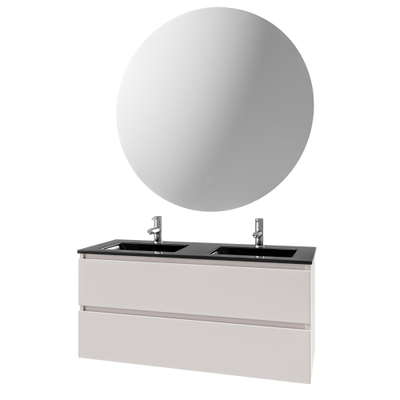 Saniclass Chaci Meuble de salle de bain - 120x46x55cm - lavabo en céramique noir - 2 vasques - 2 trous de robinet - 2 tiroirs - ronde miroir avec éclairage - mat cotton (beige)
