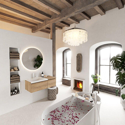 MONDIAZ BUKLA 100cm ensemble de meuble avec module 40 couleur Chêne blanchi avec 2 tiroirs. Lavabo CLOUD gauche 1 trou de robinet couleur Talc.
