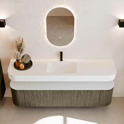 MONDIAZ THOR 180cm meuble de salle de bains arrondi gauche + droite couleur Shadow avec 2 tiroirs et 2 portes. Vasque suspendue CLOUD Milieu 1 trou de robinet couleur Talc.