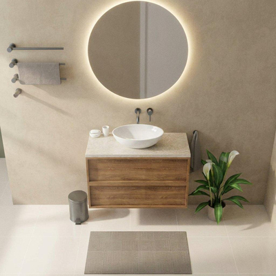 Saniclass Holz Frame Ensemble de meubles de salle de bains - 100x45x63cm - Plan de travail en pierre naturelle travertin - sans trou de robinet - 2 tiroirs - chêne natural mat (bois)