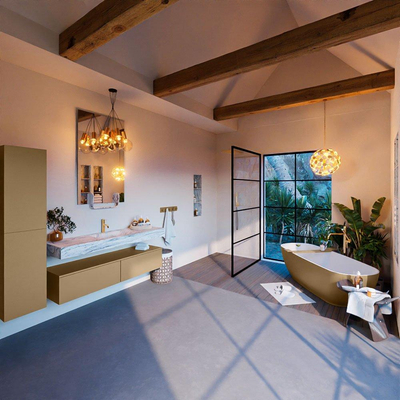 Mondiaz ALAN-DLUX Ensemble de meuble - 150cm - meuble Oro mat - 2 tiroirs - Lavabo Cloud Glace suspendu - vasque Centre - 1 trou de robinet