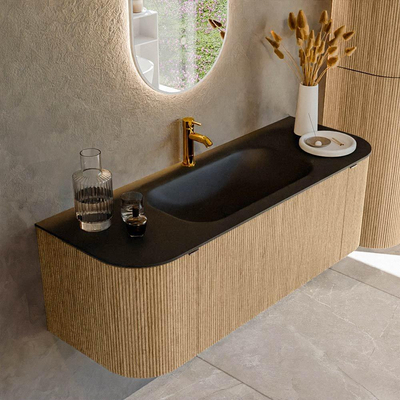 MONDIAZ KURVE 130cm badmeubel met module 25 Len R kleur Oak met 1 lade en 2 deuren. Wastafel BIG SMALL midden 1 kraangat Urban.