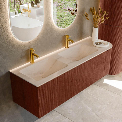MONDIAZ KURVE-DLUX Meuble de salle de bains 145cm arrondi à droite couleur Ruby avec 1 tiroir et 1 porte. Lavabo LEAF Double / Gauche 2 trous de robinet Meli.