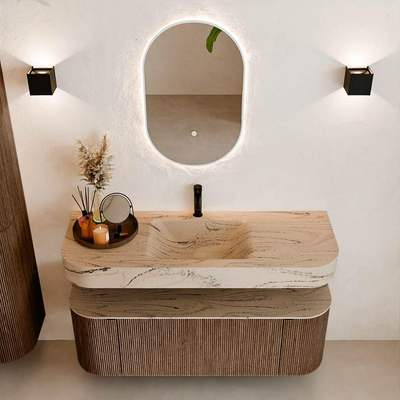 MONDIAZ THOR-DLUX 130cm meuble de salle de bains arrondi gauche + droite couleur Walnut avec 1 tiroir et 2 portes. Vasque suspendue CLOUD Milieu 1 trou de robinet couleur Arena.