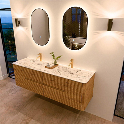 Mondiaz CIRO-DLUX Meuble de salle de bains - 160x45x50cm - Plan vasque solid surface Glace - 2 lavabos double - 2 trous de robinetterie - 4 tiroirs - Chêne