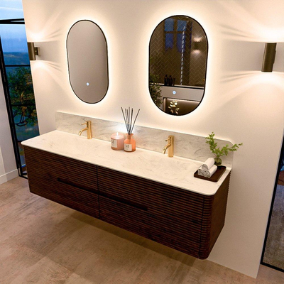 Mondiaz CIRO-DLUX Badkamermeubelset - 180x45x50cm - Solid surface wastafel Opalo - 2 wasbak Dubbel - 2 kraangaten - 4 lades - Walnut
