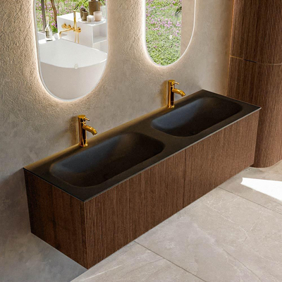 MONDIAZ KURVE 150cm Meuble salle de bain - couleur Walnut - 2 tiroirs - vasque BIG SMALL double - 2 trous de robinet - Urban