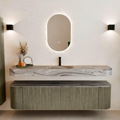 MONDIAZ THOR-DLUX 180cm meuble de salle de bains arrondi gauche + droite couleur Shadow avec 2 tiroirs et 2 portes. Vasque suspendue CLOUD Milieu 1 trou de robinet couleur Sombra.