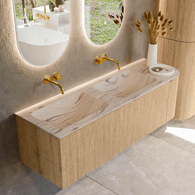 MONDIAZ KURVE-DLUX 145cm badmeubel ronding Rechts kleur Oak met 1 lade en 1 deur. Wastafel LEAF Dubbel / Links zonder kraangat Nata.