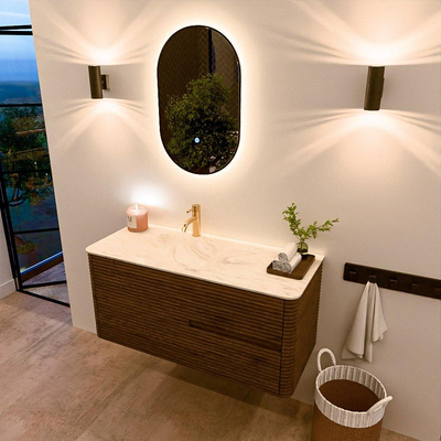 Mondiaz CIRO-DLUX Badkamermeubelset - 110x45x50cm - Solid surface wastafel Ostra - 1 wasbak Links - 1 kraangat - 2 lades - Dusk