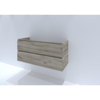 HR Badmeubelen Thin wastafel kunststeen 120,5x45,5cm bak Links wit mat Infinity Wastafelonderkast 2 lades sifonuitsparing links greeploos craft oak
