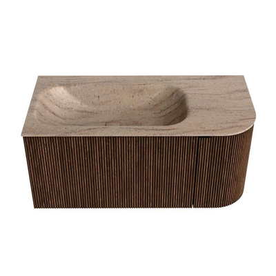 MONDIAZ KURVE-DLUX 95cm badmeubel ronding Rechts kleur Walnut met 1 lade en 1 deur. Wastafel BIG SMALL Links zonder kraangat Saba.