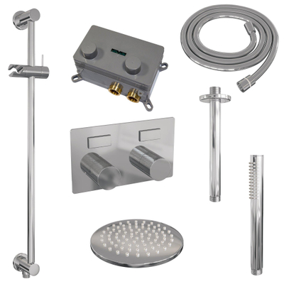 BRAUER Chrome Carving Thermostatische Regendouche inbouw - drukknoppen - SET 65 - 20cm hoofddouche - plafondarm - staaf handdouche - doucheslang - geïntegreerde glijstang - chroom