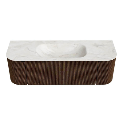 MONDIAZ KURVE-DLUX Meuble de salle de bains 140 cm avec module 25 Len R couleur Walnut avec 1 tiroir et 2 portes. Lavabo BIG SMALL central sans trou de robinet couleur Ostra.