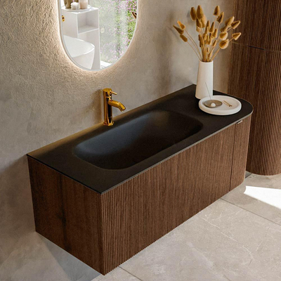 MONDIAZ KURVE Meuble de salle de bains 115 cm avec module 25 R couleur Walnut avec 1 tiroir et 1 porte. Lavabo BIG SMALL gauche 1 trou de robinet Urban.