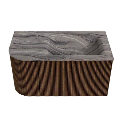 MONDIAZ KURVE-DLUX Meuble de salle de bains 85cm arrondi à gauche couleur Walnut avec 1 tiroir et 1 porte. Lavabo CLOUD à droite 1 trou de robinet Sombra.