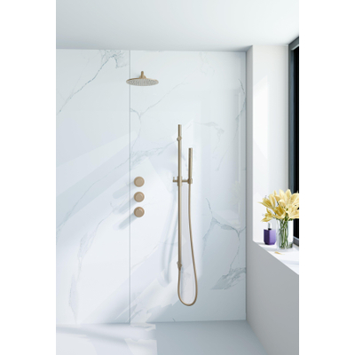 Fortifura Nebbio Regendoucheset - inbouwkraan - inbouwdeel - glijstang - doucheslang metaal - staaf handdouche - 35cm wandarm - 30cm ronde hoofddouche - PVD - geborsteld messing (goud)