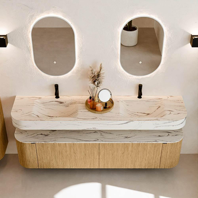 MONDIAZ THOR-DLUX Meuble de salle de bains - 190cm - arrondi gauche + droite - couleur Oak - 2 tiroirs et 2 portes - Vasque suspendue CLOUD Double 2 trous de robinet - couleur Nata