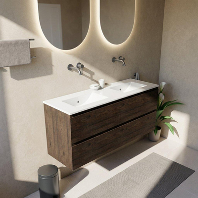 Saniclass Holz Pure Ensemble meuble de salle de bains - 140x45x62cm - lavabo Vygo en céramique blanc - 2 vasques - sans trous de robinetterie - 4 tiroirs - chêne charcoal brillant (bois)