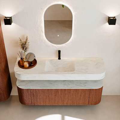 MONDIAZ THOR-DLUX 150cm meuble de salle de bains arrondi gauche + droite couleur Ruby avec 1 tiroir et 2 portes. Vasque suspendue CLOUD Milieu 1 trou de robinet couleur Opalo.