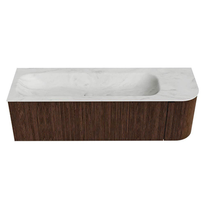 MONDIAZ KURVE-DLUX meuble de salle de bains 145 cm avec module 25 R couleur Walnut avec 1 tiroir et 1 porte. Lavabo BIG LARGE gauche sans trou de robinet couleur Opalo.