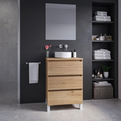Adema Chaci PLUS Ensemble de meuble - 59.5x86x45.9cm - vasque à poser sur plan - robinets encastrables Inox - 3 tiroirs - miroir rectangulaire - Cannelle