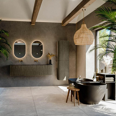 Mondiaz KURVE-DLUX Ensemble de meuble salle de bain - 165x46x40cm - 2 tiroirs - 1 porte - lavabo en solid surface - double / gauche - sans trou de robinet - Shadow