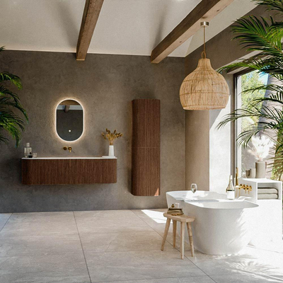 MONDIAZ KURVE 150cm Meuble salle de bain avec module 25 G et D - couleur Walnut - 1 tiroir - 2 portes - vasque BIG MEDIUM centre - sans trous de robinet - Talc