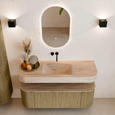 MONDIAZ THOR-DLUX 130cm meuble de salle de bains arrondi gauche + droite couleur Dusk avec 1 tiroir et 2 portes. Vasque suspendue CLOUD Centre sans trou de robinet couleur Saba.