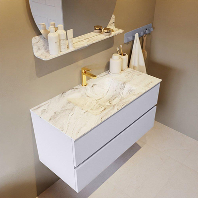 Mondiaz VICA-DLUX Ensemble de meuble de salle de bain - 100cm - meuble sous-vasque cale - 2 tiroirs - lavabo encastrée cloud milieu - 1 trou de robinet - version haute de 60cm - glace