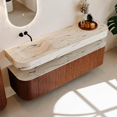 MONDIAZ THOR-DLUX Meuble de salle de bains 170cm arrondi gauche + droite couleur Ruby avec 1 tiroir et 2 portes. Vasque suspendue CLOUD Gauche sans trou de robinet couleur Nata.