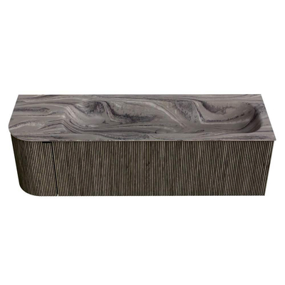 MONDIAZ KURVE-DLUX 145cm badmeubel ronding Links kleur Shadow met 1 lade en 1 deur. Wastafel BIG LARGE Rechts zonder kraangat Sombra.