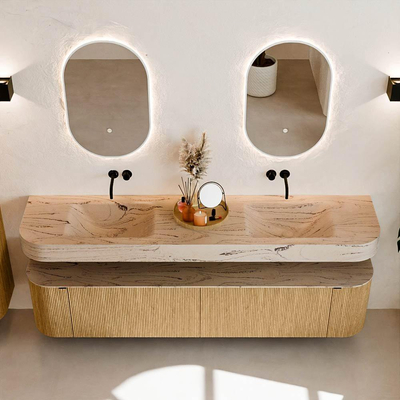 MONDIAZ THOR-DLUX 200cm meuble de salle de bains arrondi gauche + droite couleur Chêne avec 2 tiroirs et 2 portes. Vasque suspendue CLOUD Double sans trou de robinet couleur Arena.