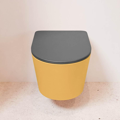Mondiaz LAVIE hangtoilet – spoelrandloos – 36 x 53 cm – met softclose zitting – Ocher (geel), zitting Dark grey (grijs)