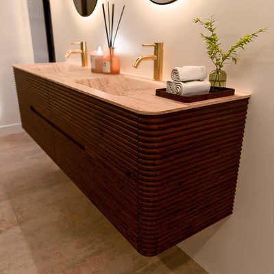 Mondiaz CIRO-DLUX Badkamermeubelset - 180x45x50cm - Solid surface wastafel Saba - 2 wasbak Dubbel - 2 kraangaten - 4 lades - Ruby
