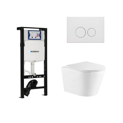 QeramiQ Dely Toiletset - 36.3x51.7cm - diepspoel - rimless - Inbouwreservoir met Geberit UP320 spoelmechanisme - softclose toiletzitting - mat witte bedieningsplaat - ronde knoppen - wit glans