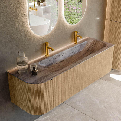 MONDIAZ KURVE-DLUX 145cm badmeubel ronding Links kleur Oak met 1 lade en 1 deur. Wastafel BIG LARGE Rechts 2 kraangaten Oza.