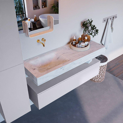 Mondiaz ALAN-DLUX Ensemble de meuble - 130cm - meuble Cale mat - 1 tiroir - Lavabo Cloud Opalo suspendu - vasque Gauche - 0 trous de robinet