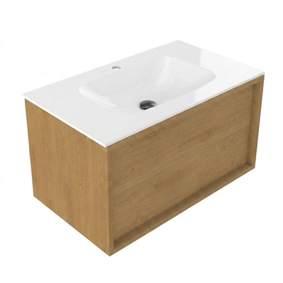 Saniclass Holz Frame Badkamermeubelset - 80x45x41.5cm - Flow solid surface wastafel wit - 1 wasbak - 1 kraangat - 1 lade - mat eiken natural (hout)