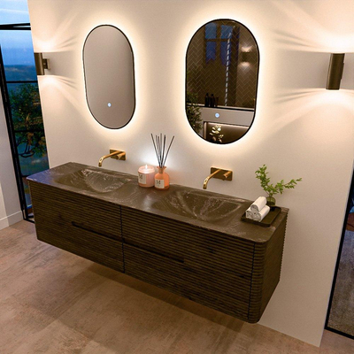 Mondiaz CIRO-DLUX Badkamermeubelset - 180x45x50cm - Solid surface wastafel Lava - 2 wasbak Dubbel - zonder kraangaten - 4 lades - Shadow
