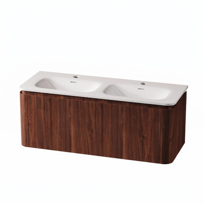 Royal Plaza Terra Ensemble meuble de salle de bains - 120x46.2x46cm - vasque en solid surface blanc mat - 2 vasques - 2 trous de robinet - 2 tiroirs - châtaignier (noyer)