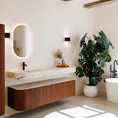 MONDIAZ THOR-DLUX Meuble de salle de bains 170cm arrondi gauche + droite couleur Ruby avec 1 tiroir et 2 portes. Vasque suspendue CLOUD Gauche 1 trou de robinet couleur Nata.