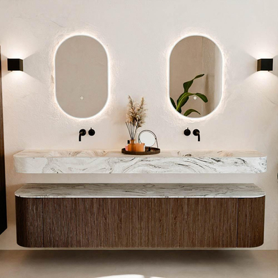 MONDIAZ THOR-DLUX 200cm meuble de salle de bains arrondi gauche + droite couleur Walnut avec 2 tiroirs et 2 portes. Vasque suspendue CLOUD Double sans trou de robinet couleur Glace.