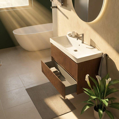 Saniclass Holz Atelier Ensemble de meubles de salle de bains - 100x45x67.5cm - lavabo Wave en céramique - 1 vasque - 1 trou de robinetterie - 2 tiroirs - walnut pure mat (bois)