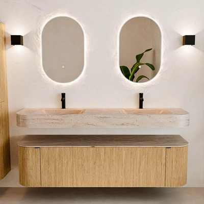 MONDIAZ THOR-DLUX Meuble de salle de bains 170cm arrondi gauche + droite couleur Oak avec 1 tiroir et 2 portes. Vasque suspendue CLOUD Double 2 trous de robinet couleur Saba.